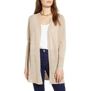 Halogen Women's Side Slit Tan Cobblestone Linen Blend Cardigan-Size S